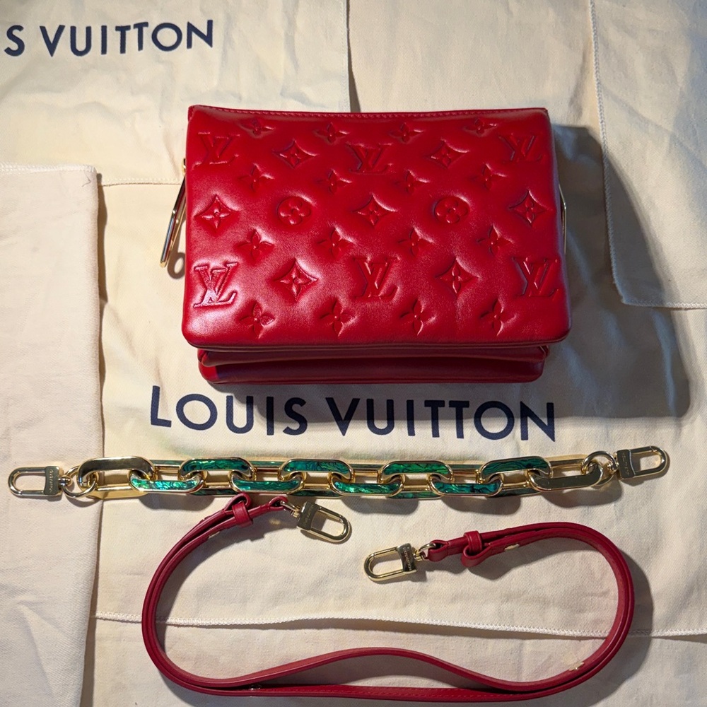 Louis Vuitton Mother of Pearl Lambskin Embossed Monogram Coussin BB Red Green